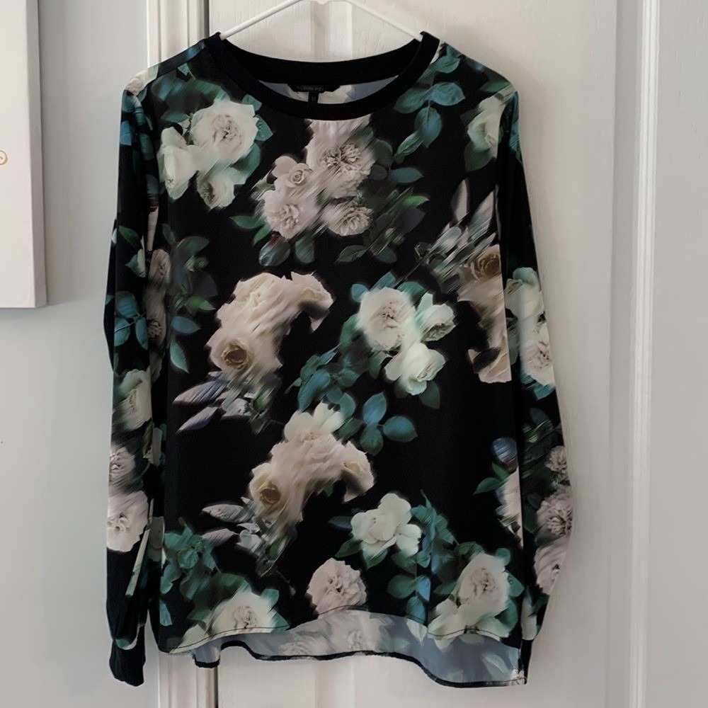Silvian Heach Floral Blouse - size‎ M black white silky crewneck BLACK BEIGE